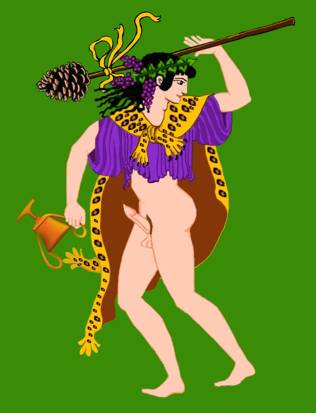 First, I drew this one, but there were just so many questions. Dionysos, why are you naked from the waist down? You can't just run around wearing nothing but a ripped chiton and a leopard skin. Says Dionysos, "The hell I can't!"