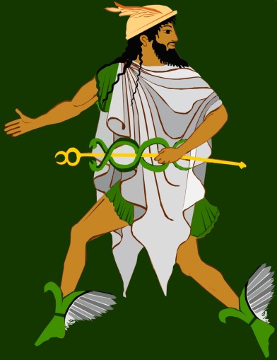 Hermes with Kerykeion, winged hat, chlamys and winged sandals.